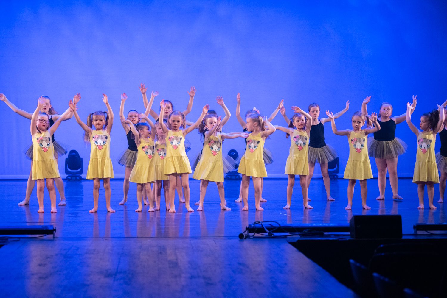 Een groep jonge kinderen in gele en grijze kostuums voert een dans uit op het podium met blauwe licht-danslessen voor kleuters, armen omhoog en lachend.