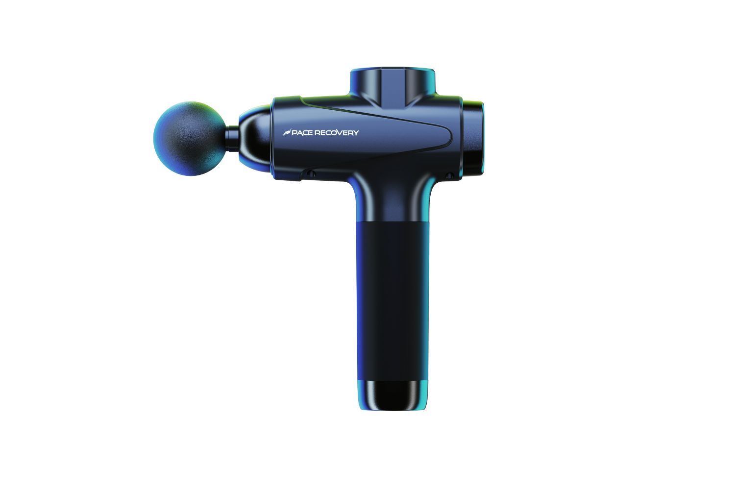 De Pace Recovery Elite 1 is een zwart-zilveren handmassagepistool met een afgeronde massagekop. Het strakke ontwerp is voorzien van een logo op de bovenkant en een geribbelde handgreep, wat zorgt voor een ergonomische vorm voor gebruiksgemak, ideaal voor spierherstel en -verlichting.