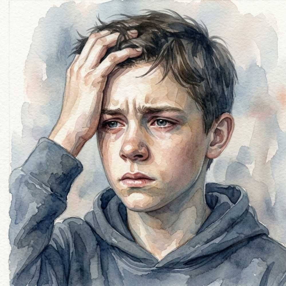 Verdrietige tienerjongen met hand in het haar, geraakt door pesten.