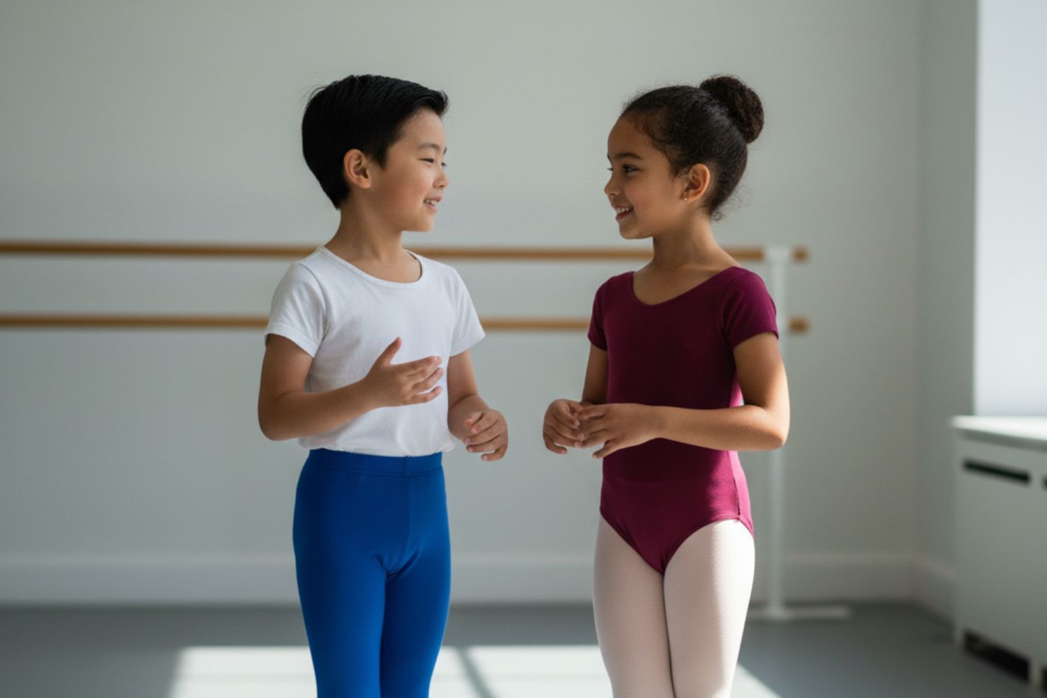 Twee jonge dansers in balletkleding glimlachen en praten samen in een lichte dansstudio waar het zonlicht door grote ramen op de vloer valt.