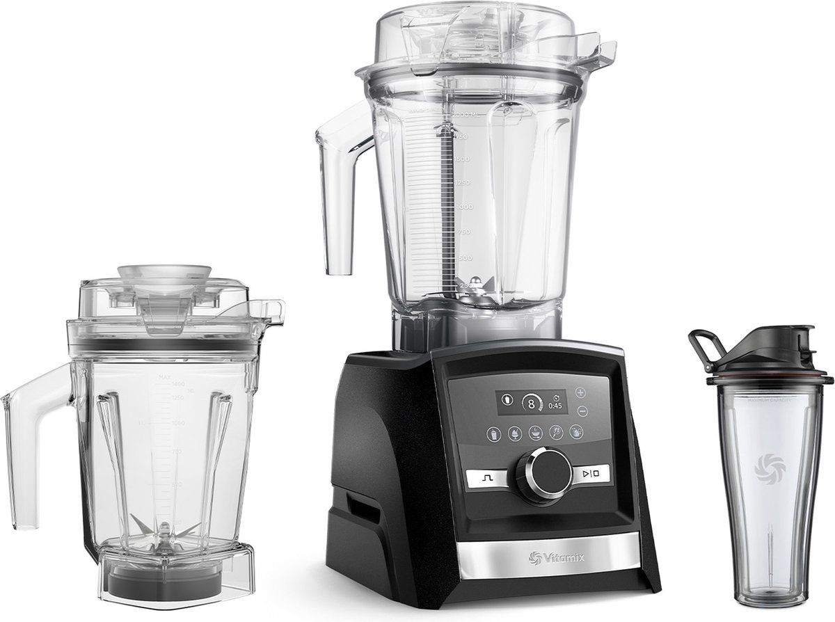 Vitamix A3500i bundle met blenderbasis, grote mengkan, extra kan en meeneembeker op witte achtergrond