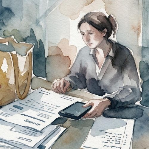 Gestreste vrouw aan tafel met rekeningen en een winkelzak, zichtbaar overweldigd.