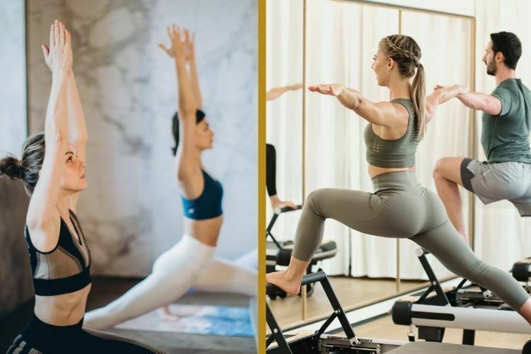 Gesplitste afbeelding: links doen twee vrouwen yoga op matjes; rechts doen een vrouw en een man pilates op reformer-apparaten.