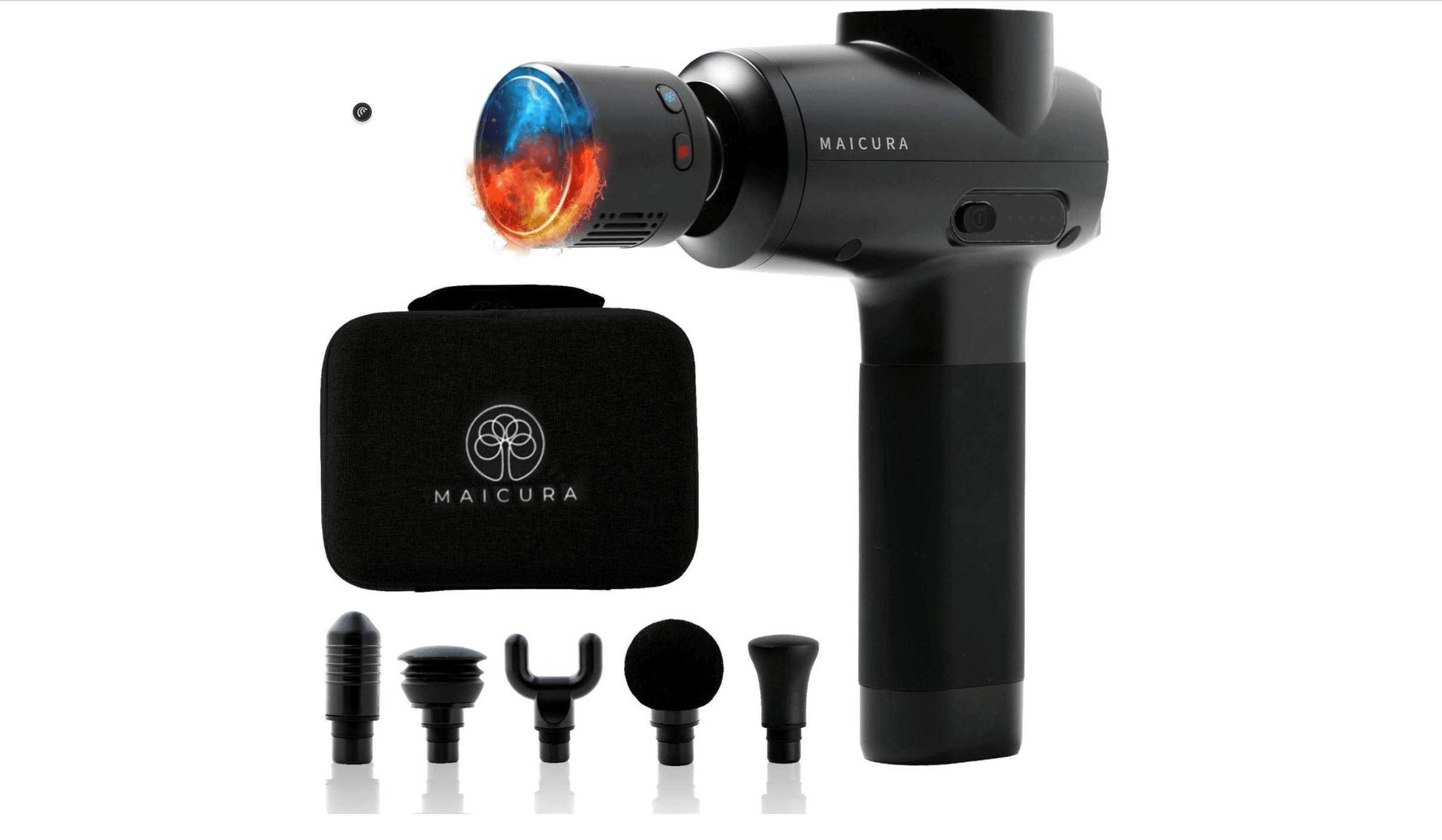 Zwarte Maicura massage gun met opbergcase en vijf opzetstukken op witte achtergrond.