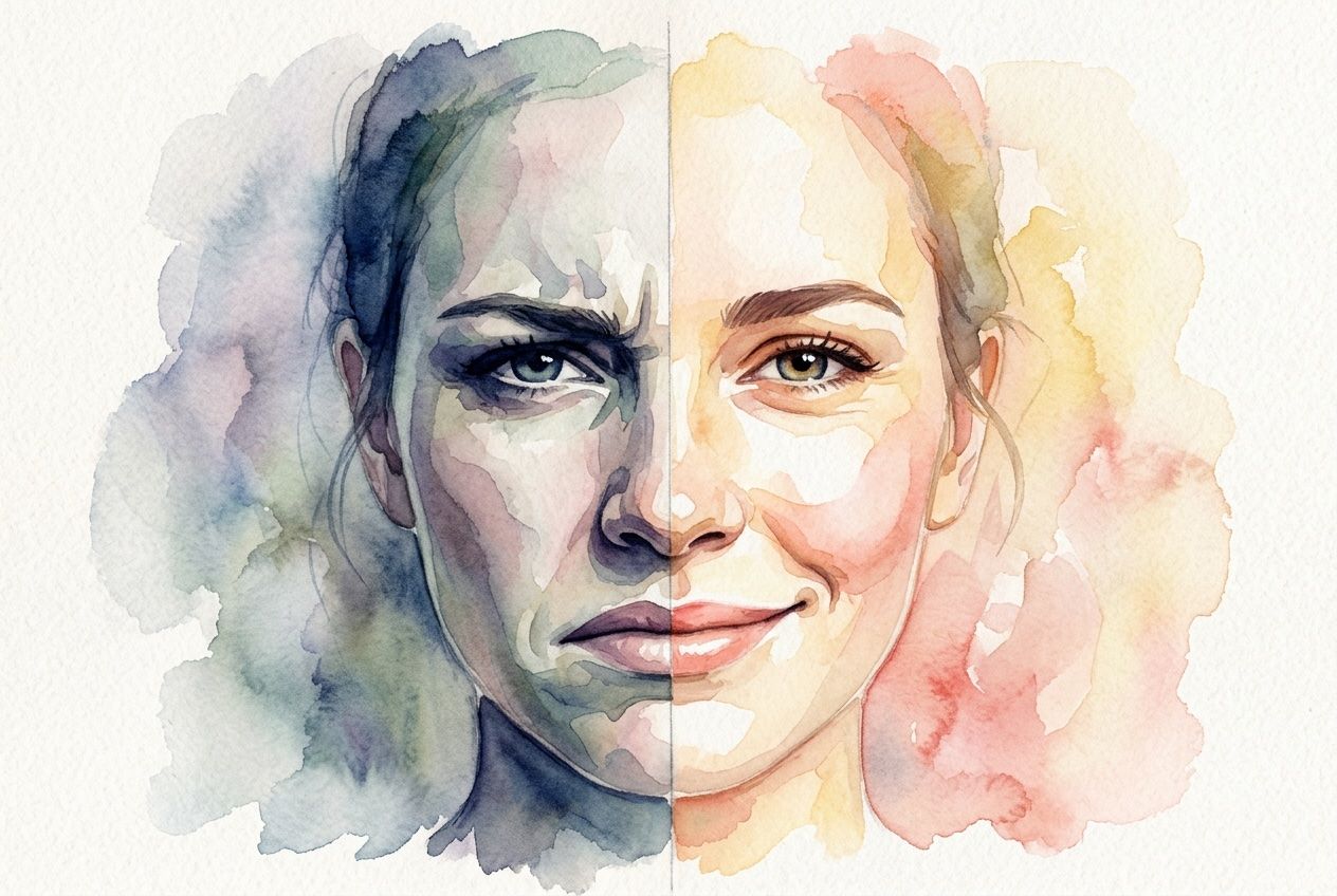 Negatief en fronsend gezicht links, positief en glimlachend gezicht rechts, in aquarelstijl.