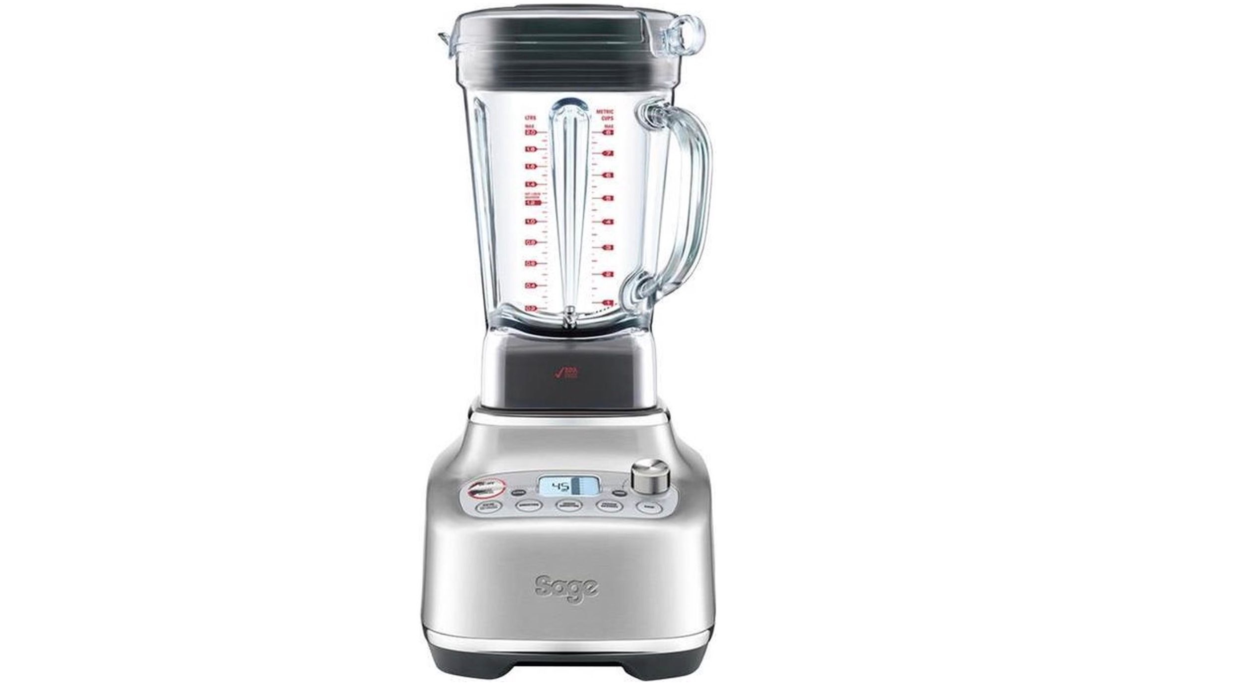 Sage Super Q Blender in zilverkleur met glazen blenderkan op witte achtergrond