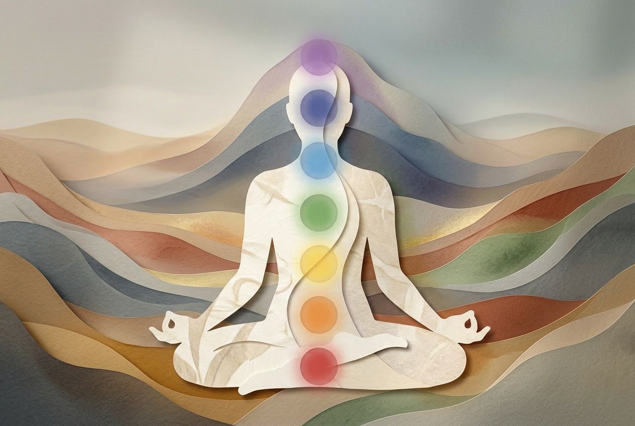 Chakra illustratie met een stil zittend figuur en zeven zachte energiepunten, in een rustige en warme sfeer.