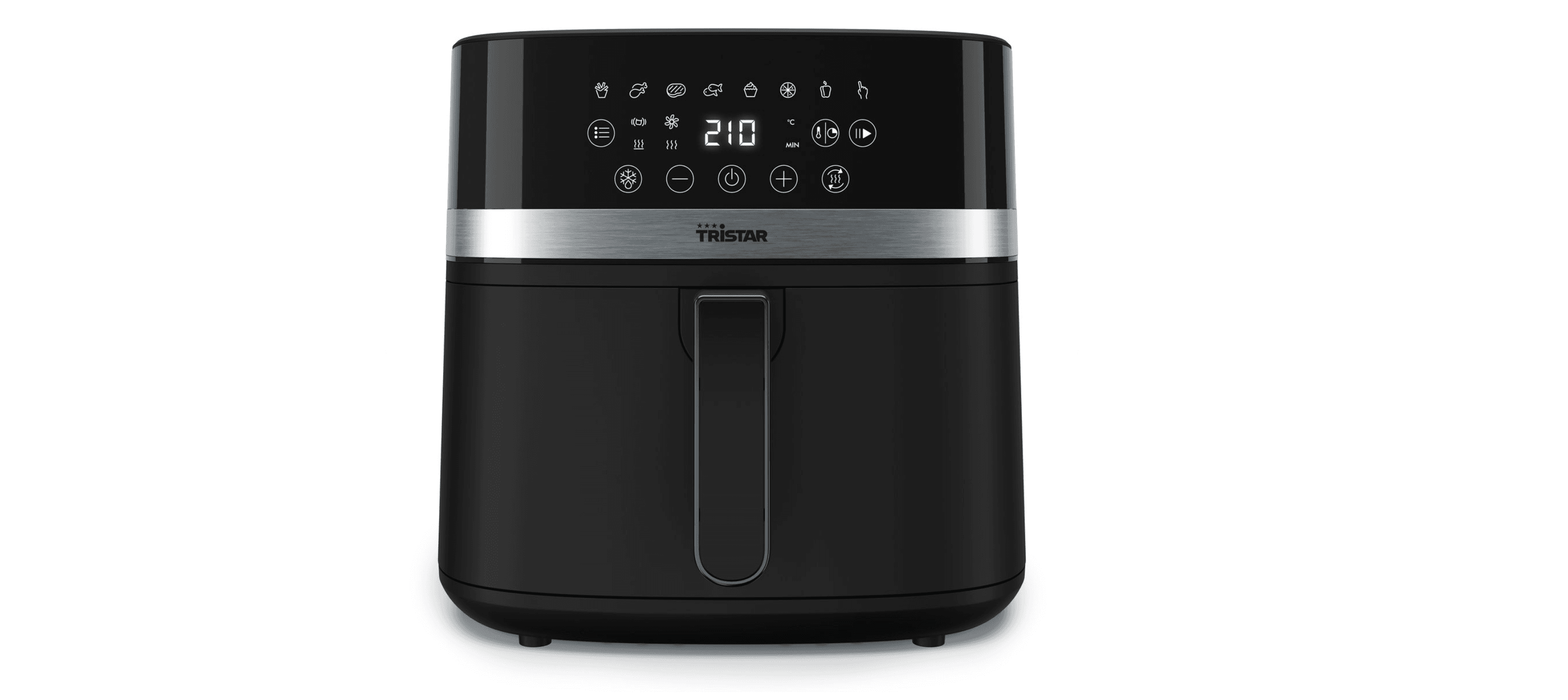 Zwarte Tristar airfryer met digitaal touchscreen, vooraf ingestelde kookpictogrammen en zilverkleurige rand aan de voorkant, frontaal weergegeven op een witte achtergrond.